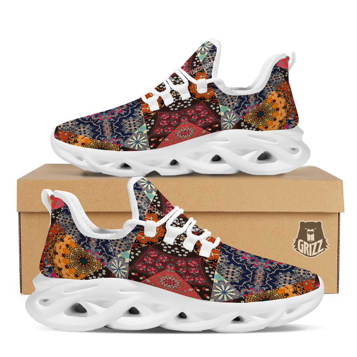 Patchwork Indian Flower Mandala Print Pattern White Running Shoes-grizzshop