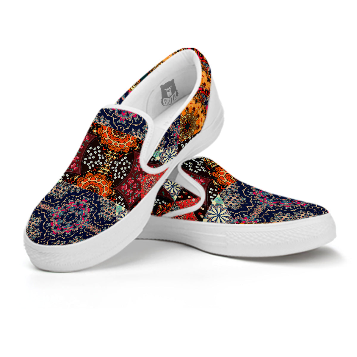 Patchwork Indian Flower Mandala Print Pattern White Slip On Shoes-grizzshop