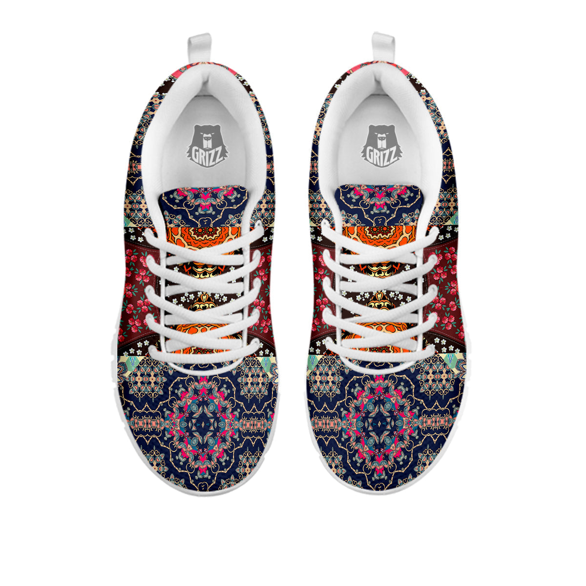 Patchwork Indian Flower Mandala Print Pattern White Sneaker-grizzshop