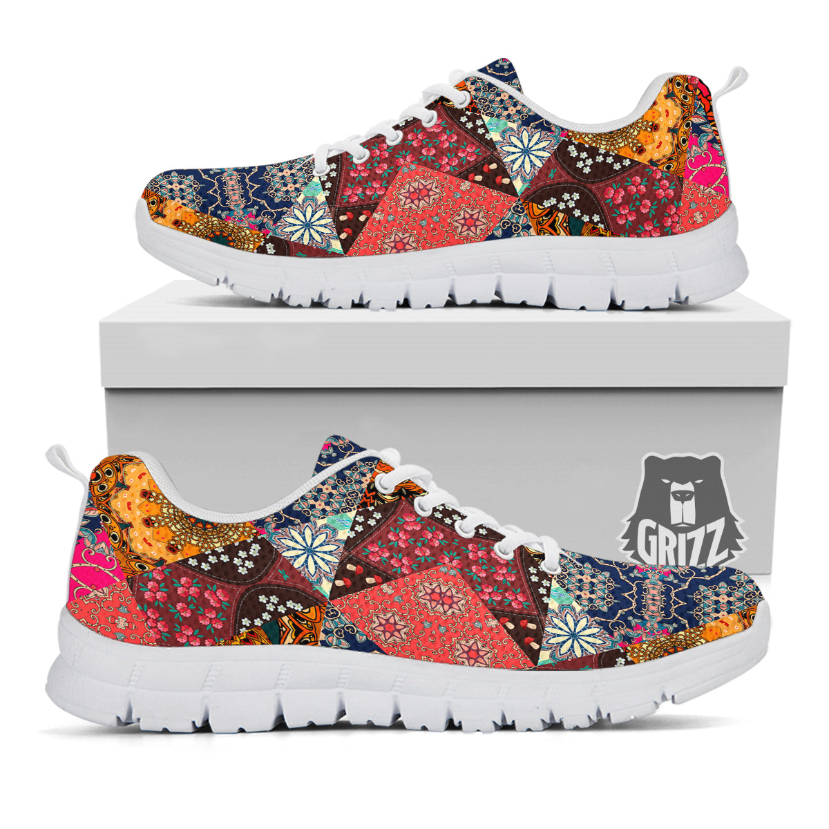 Patchwork Indian Flower Mandala Print Pattern White Sneaker-grizzshop