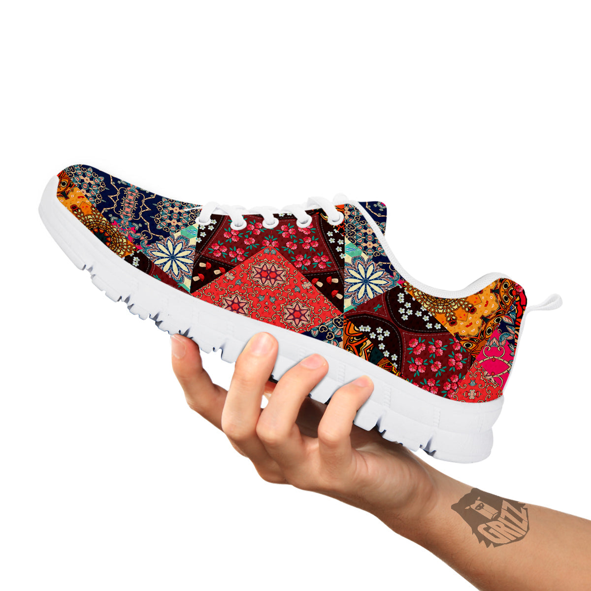 Patchwork Indian Flower Mandala Print Pattern White Sneaker-grizzshop
