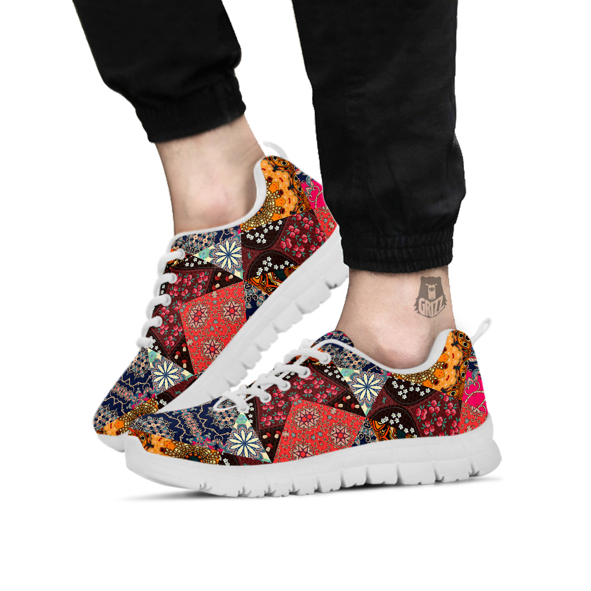 Patchwork Indian Flower Mandala Print Pattern White Sneaker-grizzshop