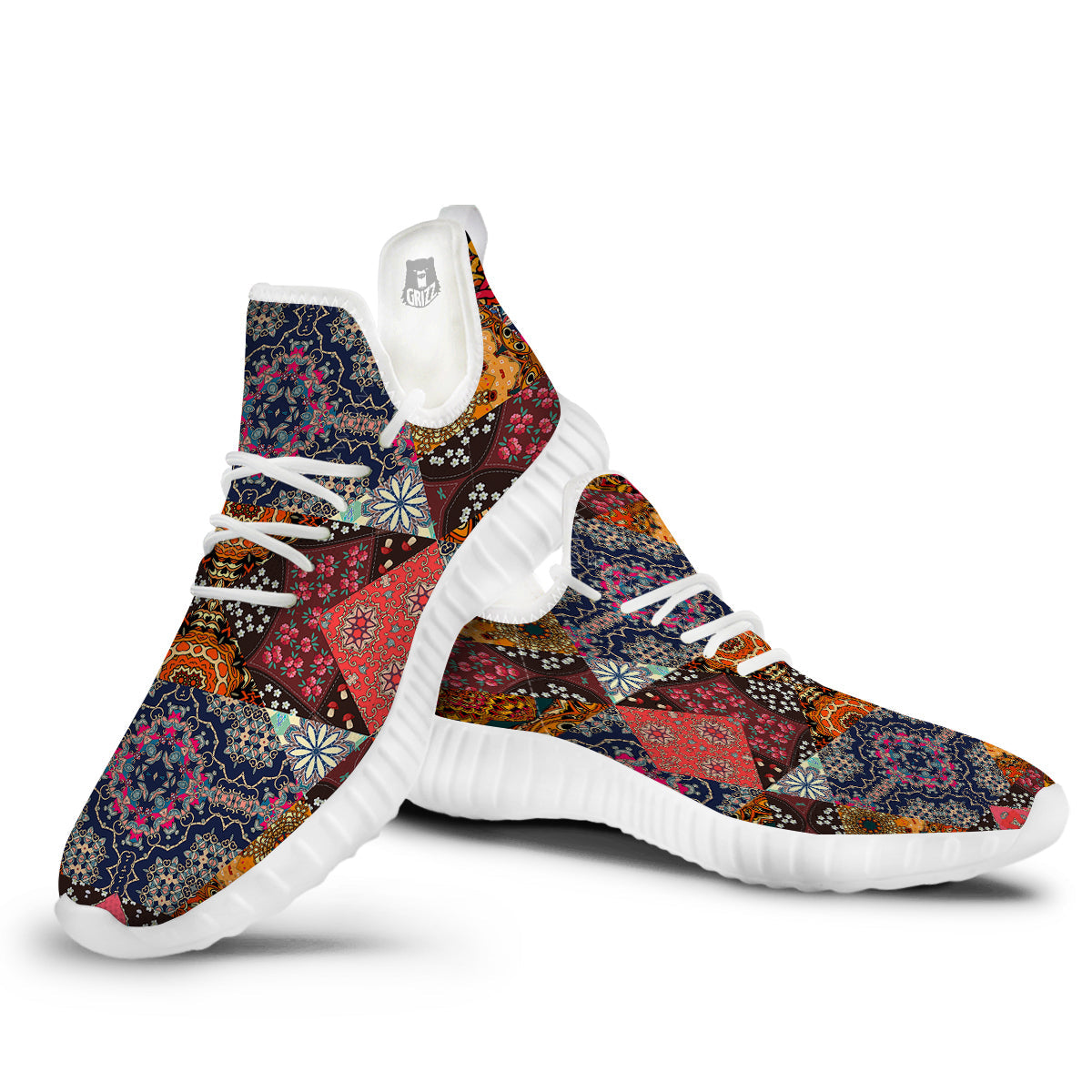 Patchwork Indian Flower Mandala Print Pattern White Walking Shoes-grizzshop