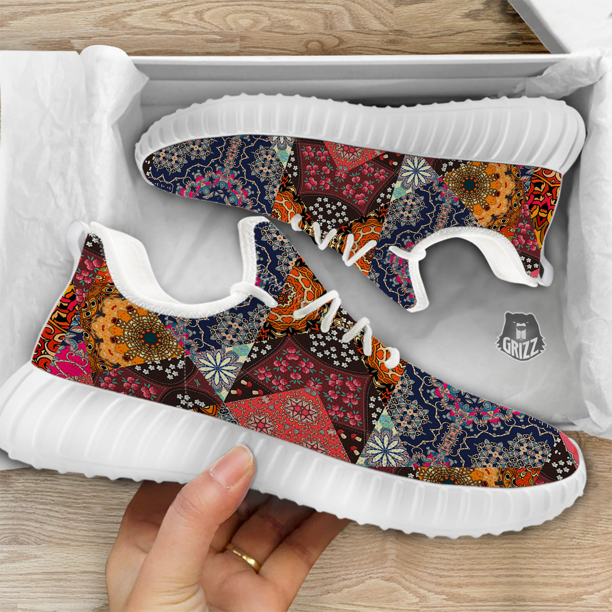 Patchwork Indian Flower Mandala Print Pattern White Walking Shoes-grizzshop