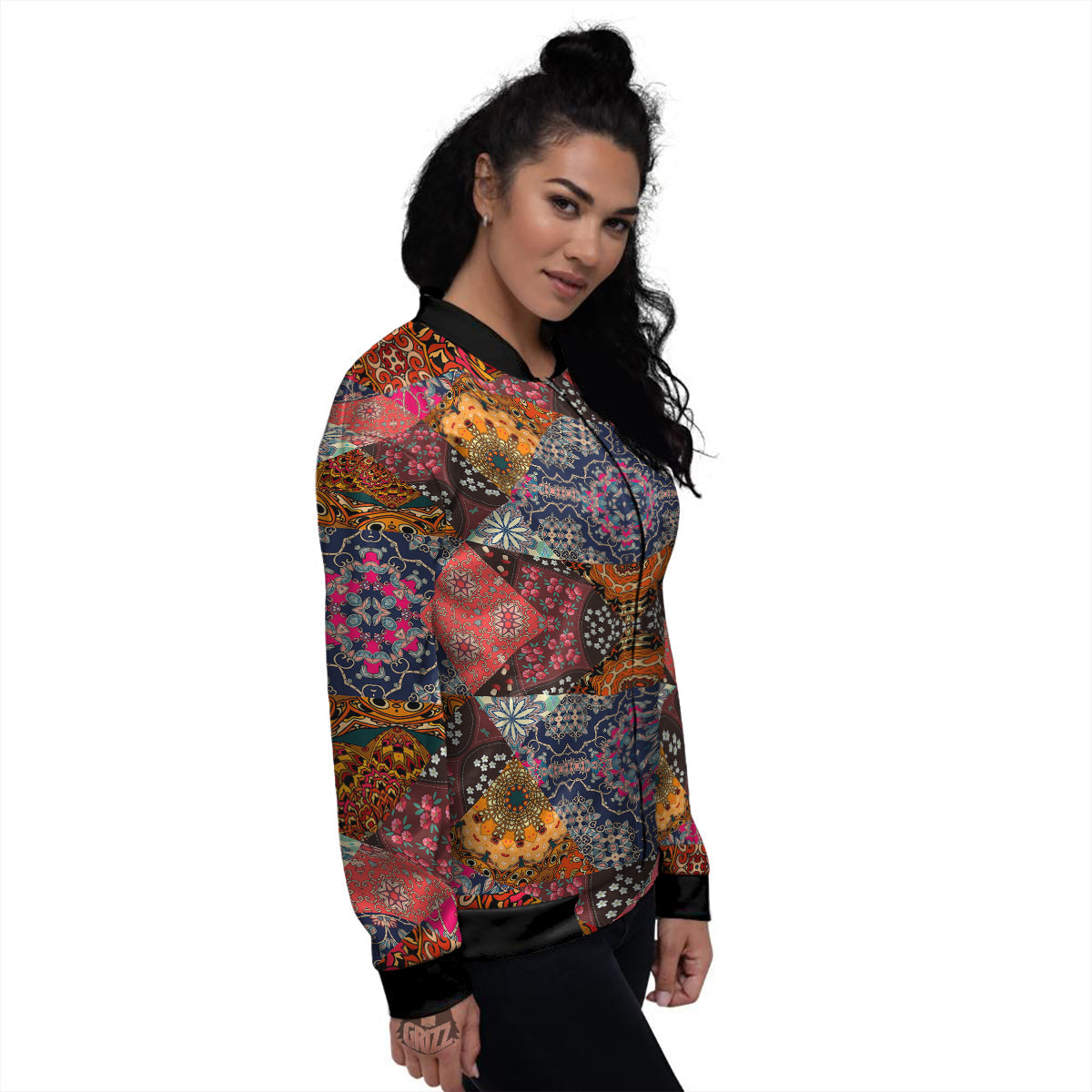Patchwork Indian Flower Mandala Print Pattern Women's Bomber Jacket-grizzshop