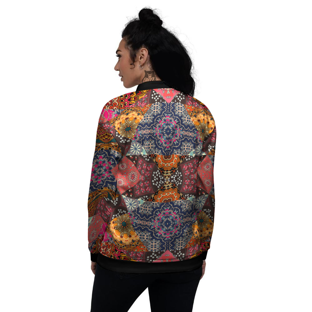 Patchwork Indian Flower Mandala Print Pattern Women's Bomber Jacket-grizzshop