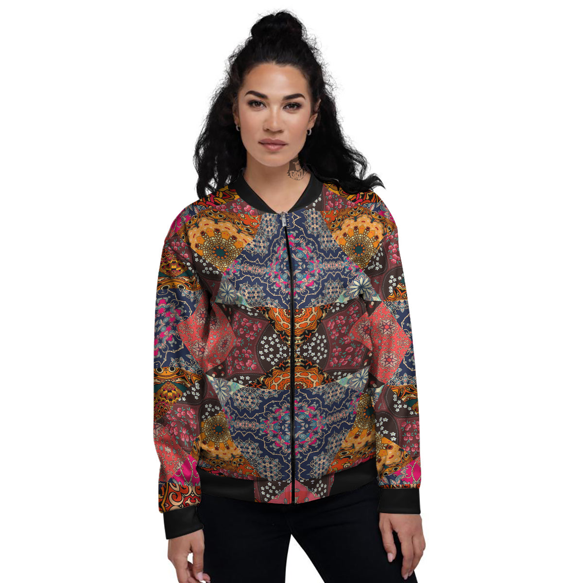 Patchwork Indian Flower Mandala Print Pattern Women's Bomber Jacket-grizzshop