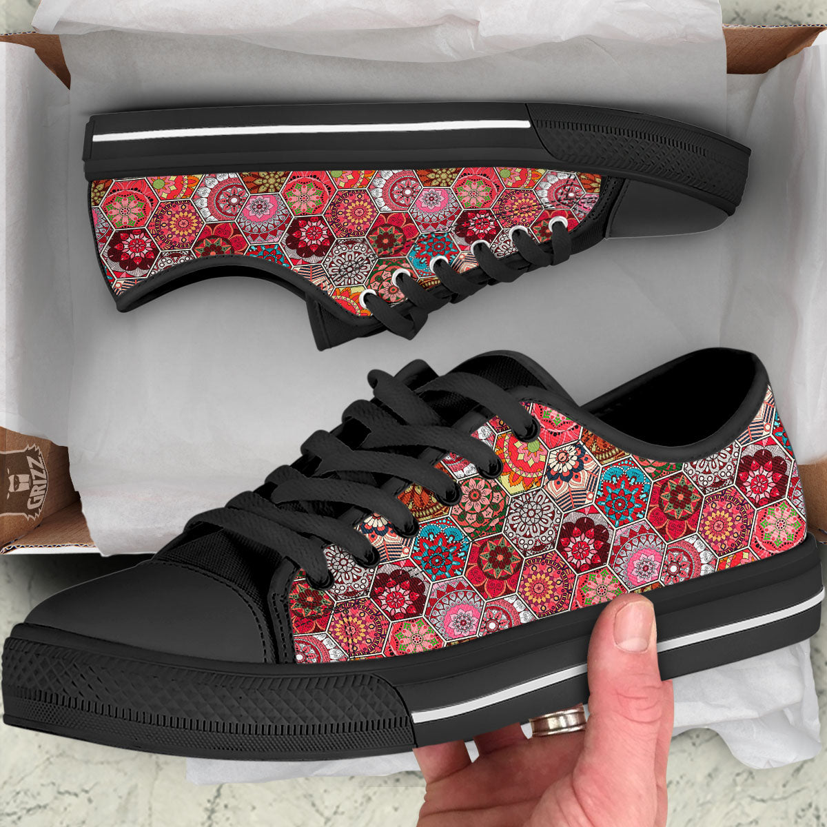 Patchwork Indian Print Pattern Black Low Top Shoes-grizzshop