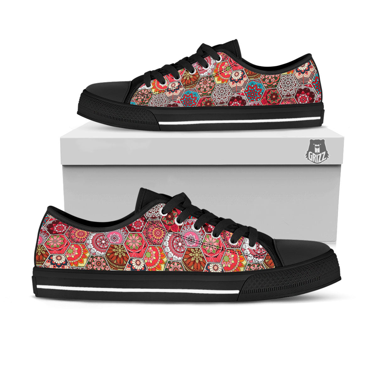 Patchwork Indian Print Pattern Black Low Top Shoes-grizzshop