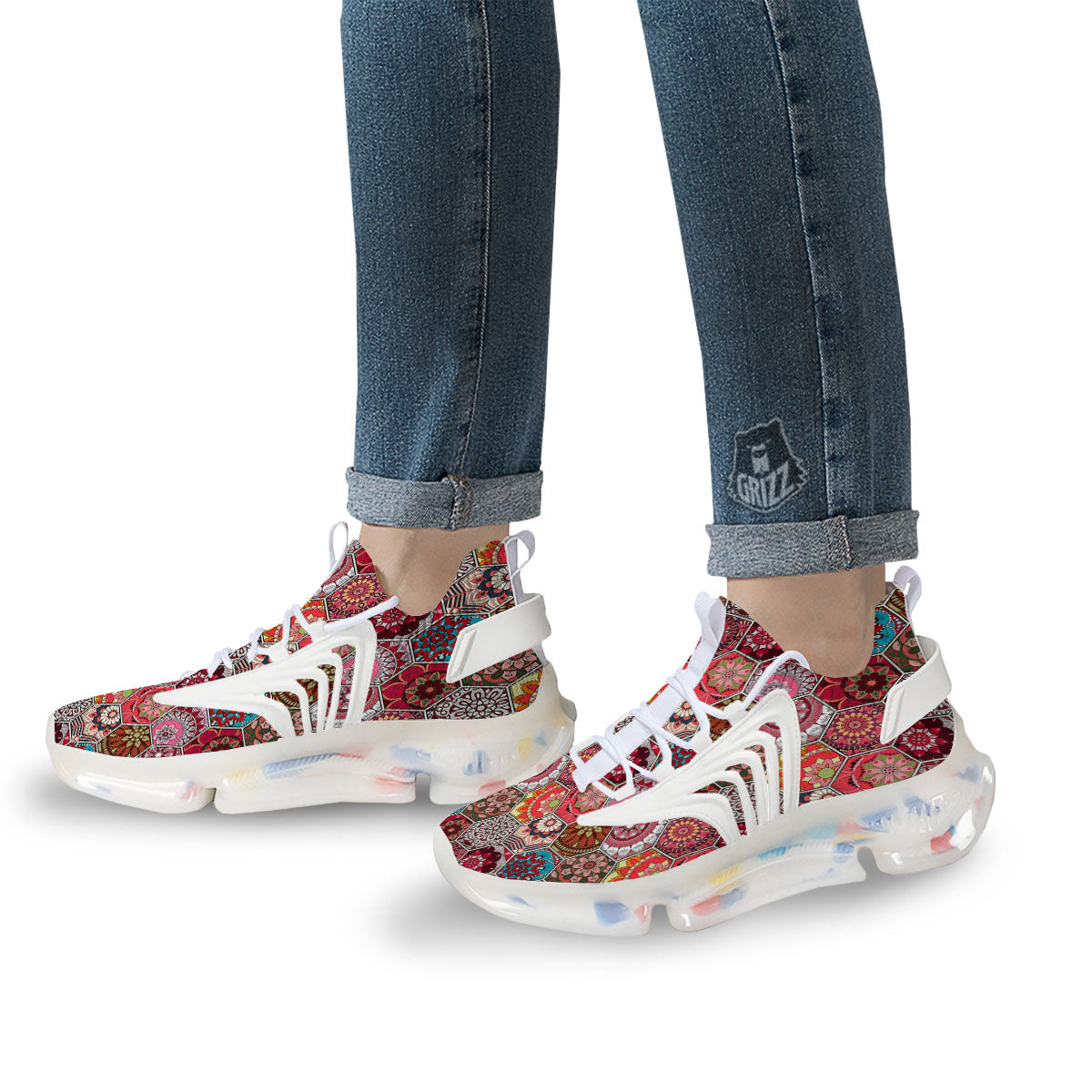 Patchwork Indian Print Pattern White Gym Shoes-grizzshop