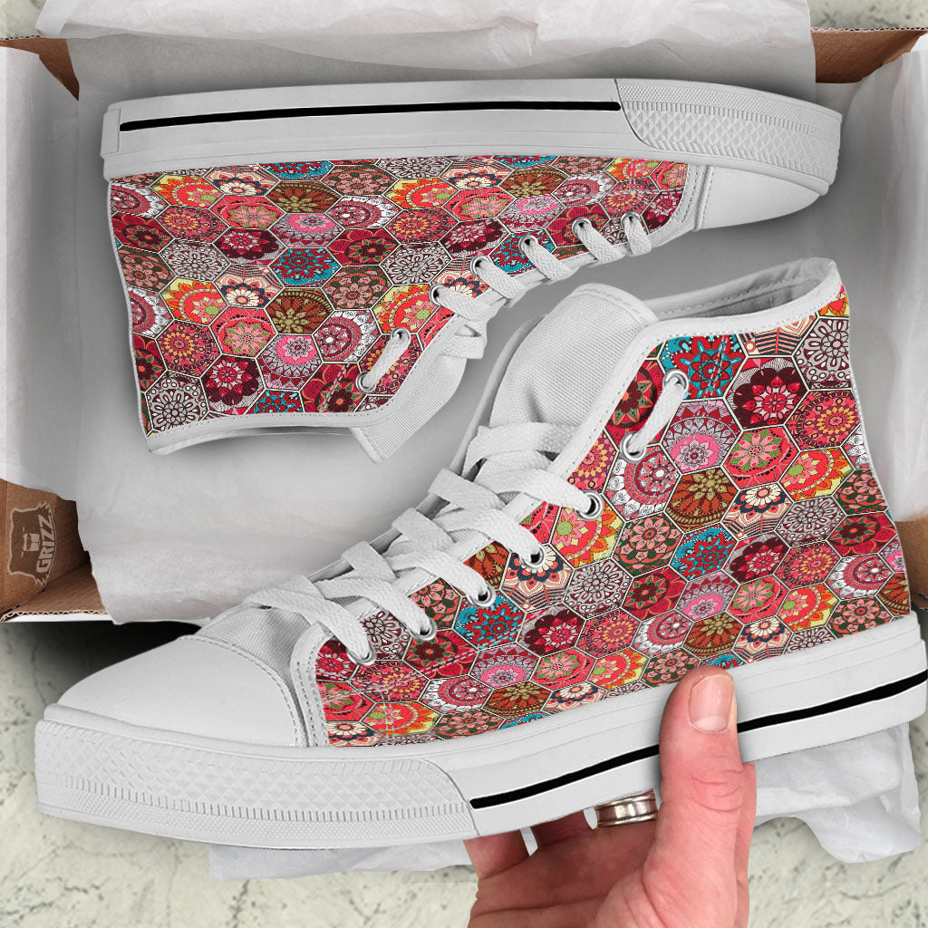 Patchwork Indian Print Pattern White High Top Shoes-grizzshop