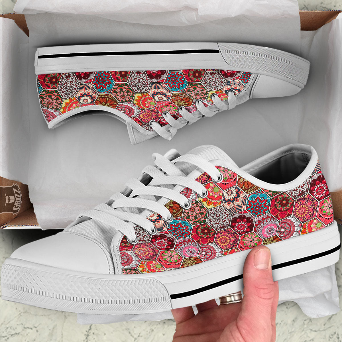 Patchwork Indian Print Pattern White Low Top Shoes-grizzshop