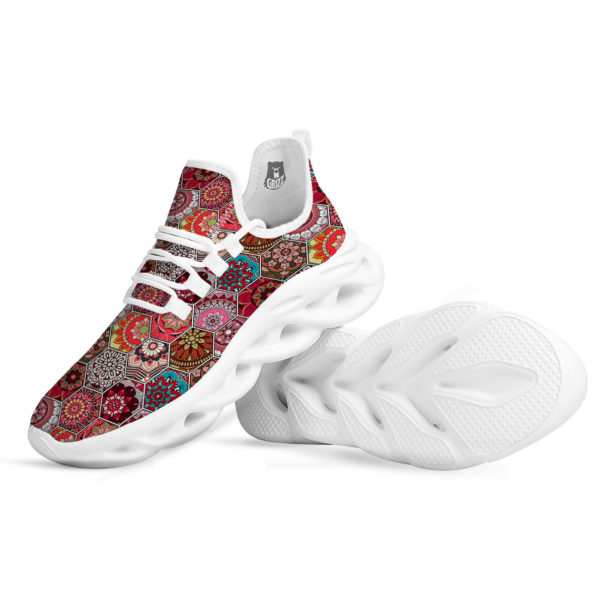 Patchwork Indian Print Pattern White Running Shoes-grizzshop