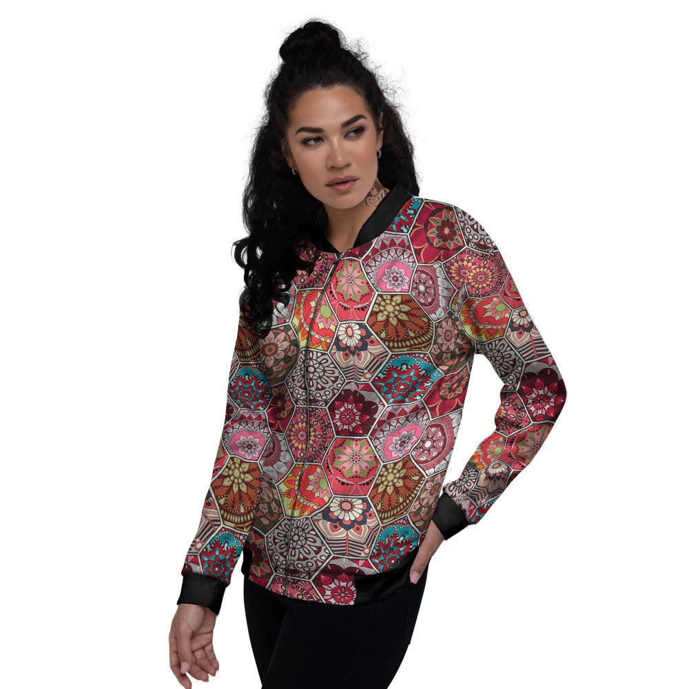 Patchwork Indian Print Pattern Women's Bomber Jacket-grizzshop