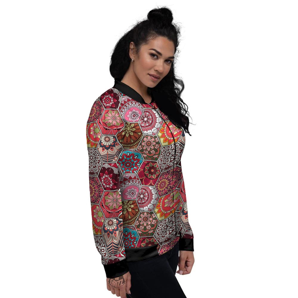 Patchwork Indian Print Pattern Women's Bomber Jacket-grizzshop