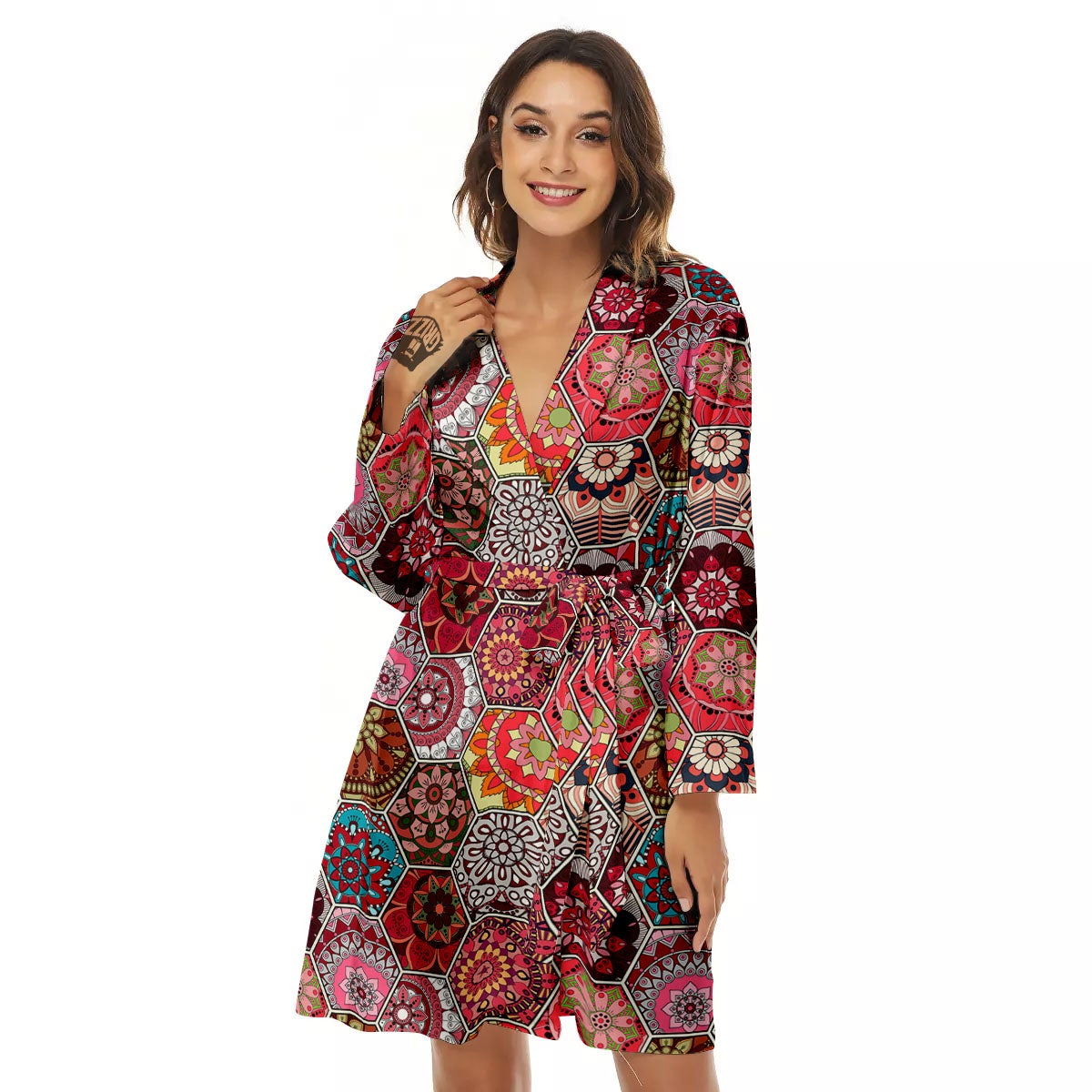 Patchwork Indian Print Pattern Women's Robe-grizzshop