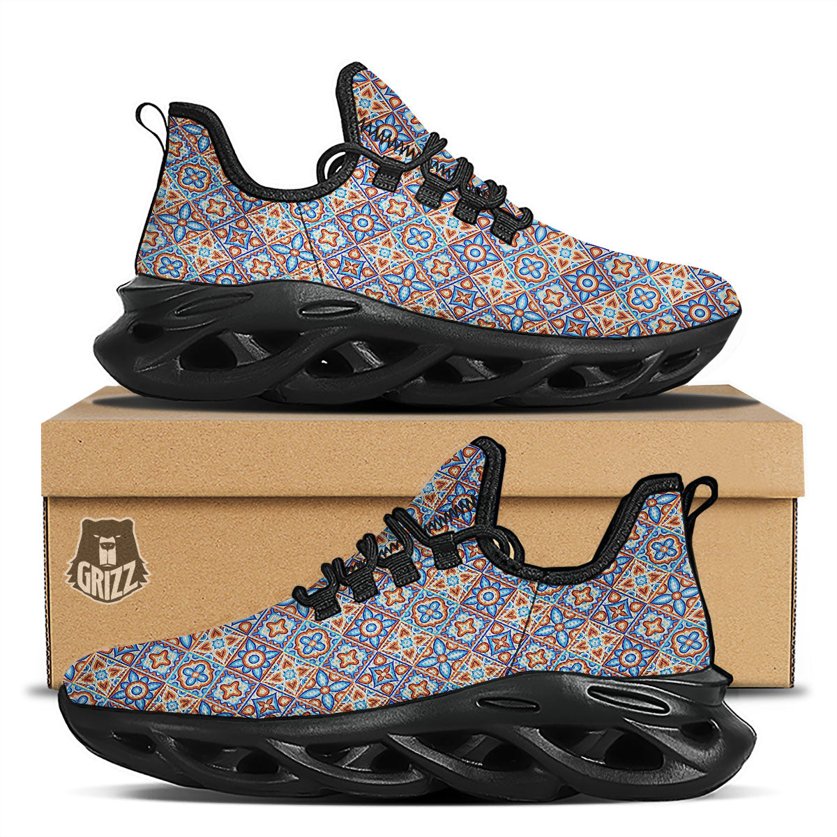 Patchwork Mosaic Print Pattern Black Running Shoes-grizzshop