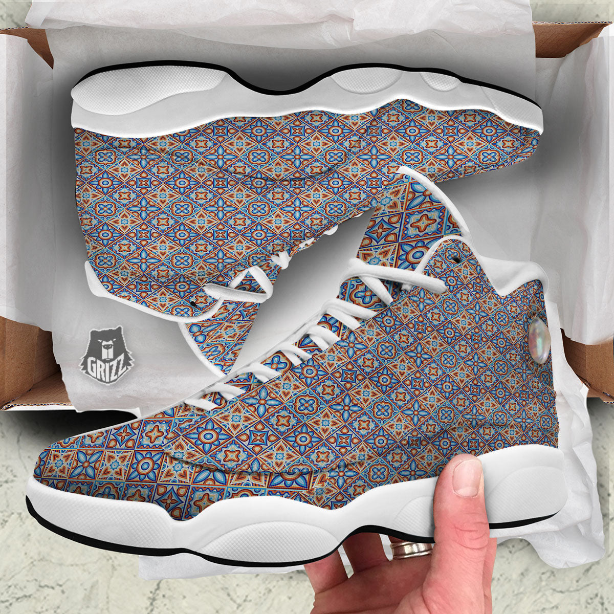 Patchwork Mosaic Print Pattern White Basketball Shoes-grizzshop