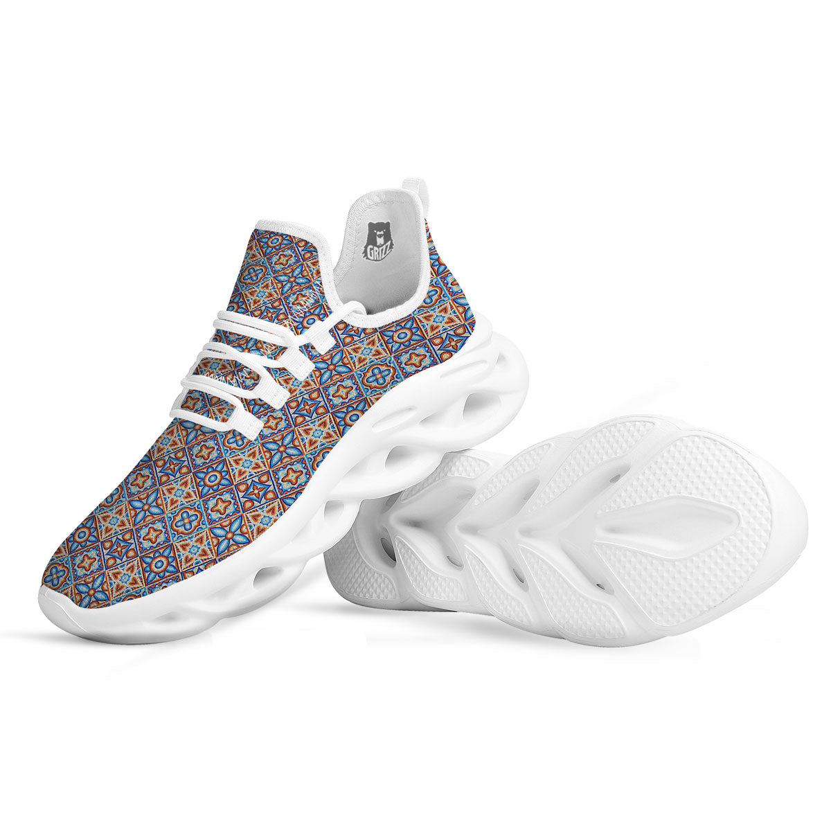 Patchwork Mosaic Print Pattern White Running Shoes-grizzshop
