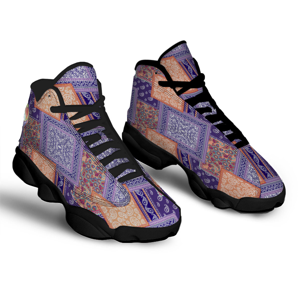 Patchwork Paisley Blue And Orange Print Pattern Black Basketball Shoes-grizzshop