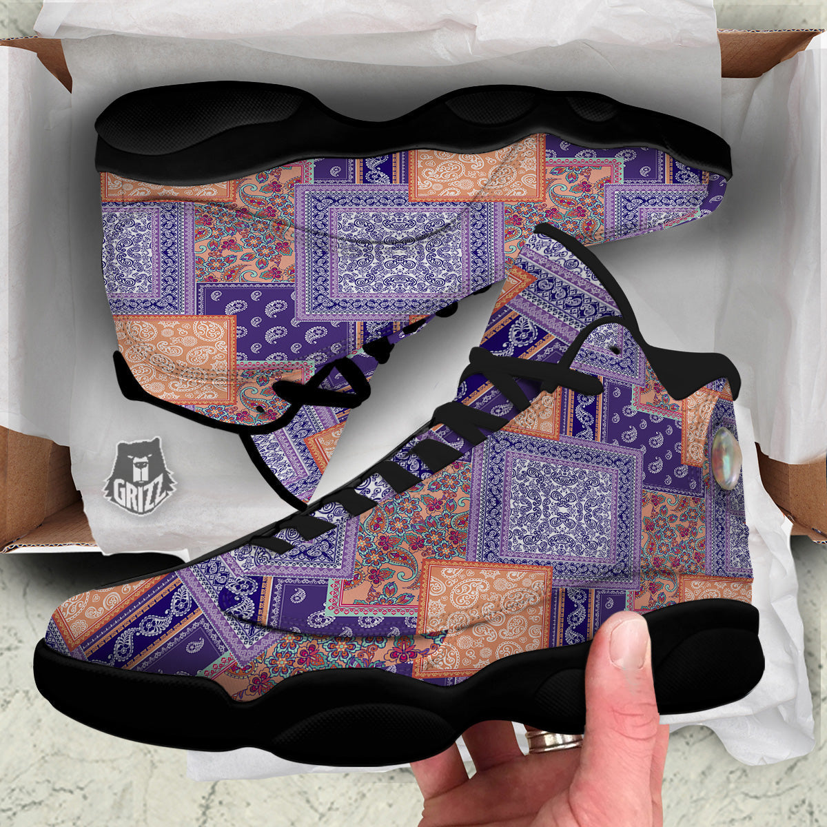 Patchwork Paisley Blue And Orange Print Pattern Black Basketball Shoes-grizzshop