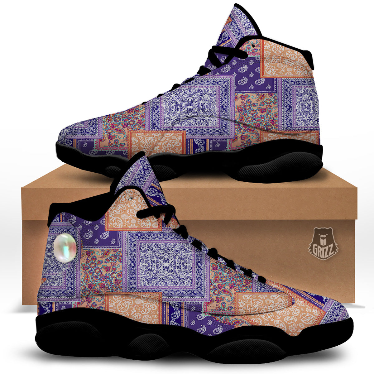 Patchwork Paisley Blue And Orange Print Pattern Black Basketball Shoes-grizzshop