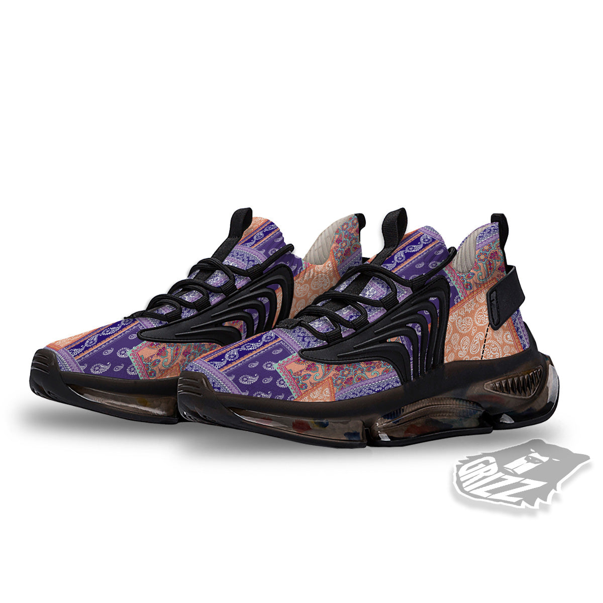 Patchwork Paisley Blue And Orange Print Pattern Black Gym Shoes-grizzshop
