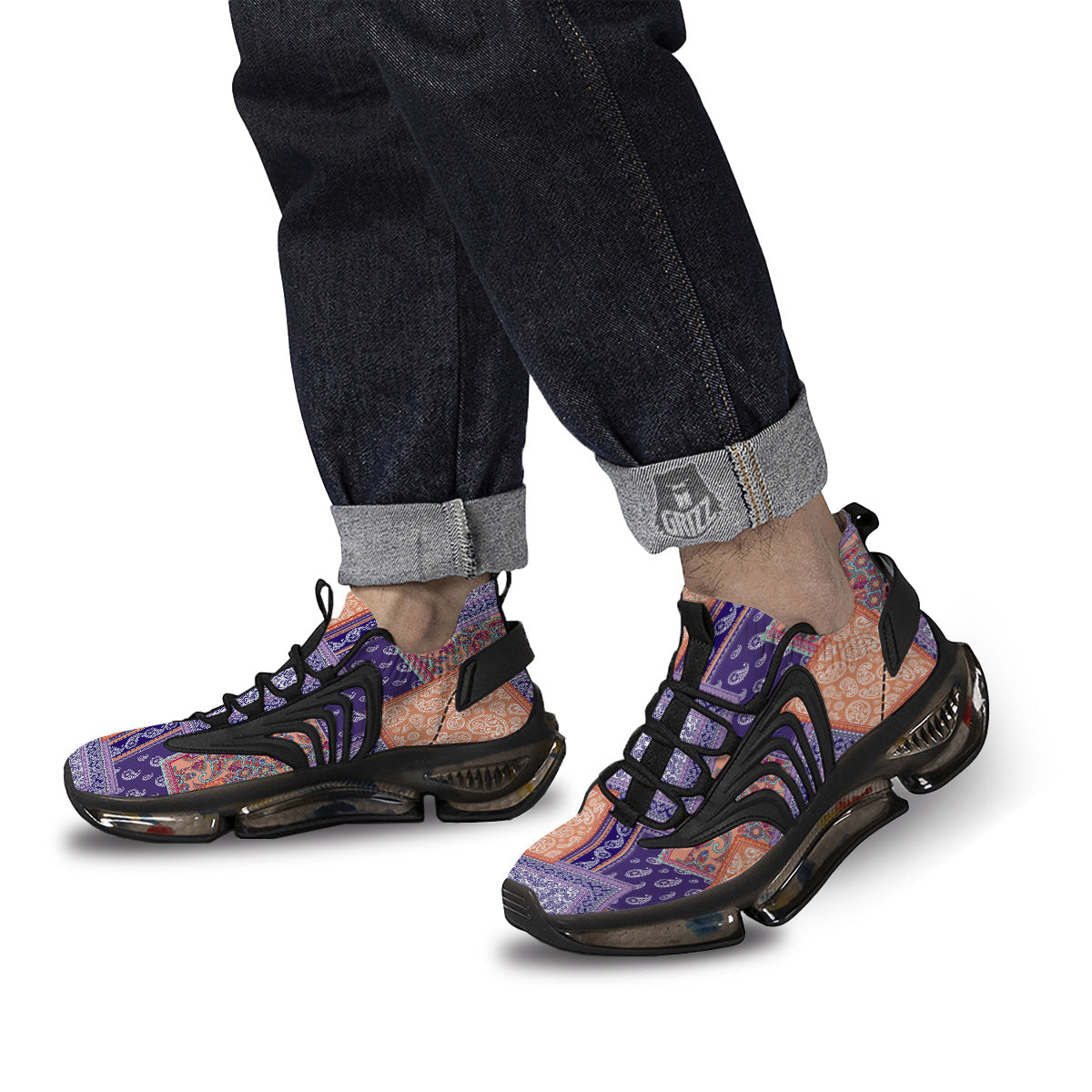 Patchwork Paisley Blue And Orange Print Pattern Black Gym Shoes-grizzshop
