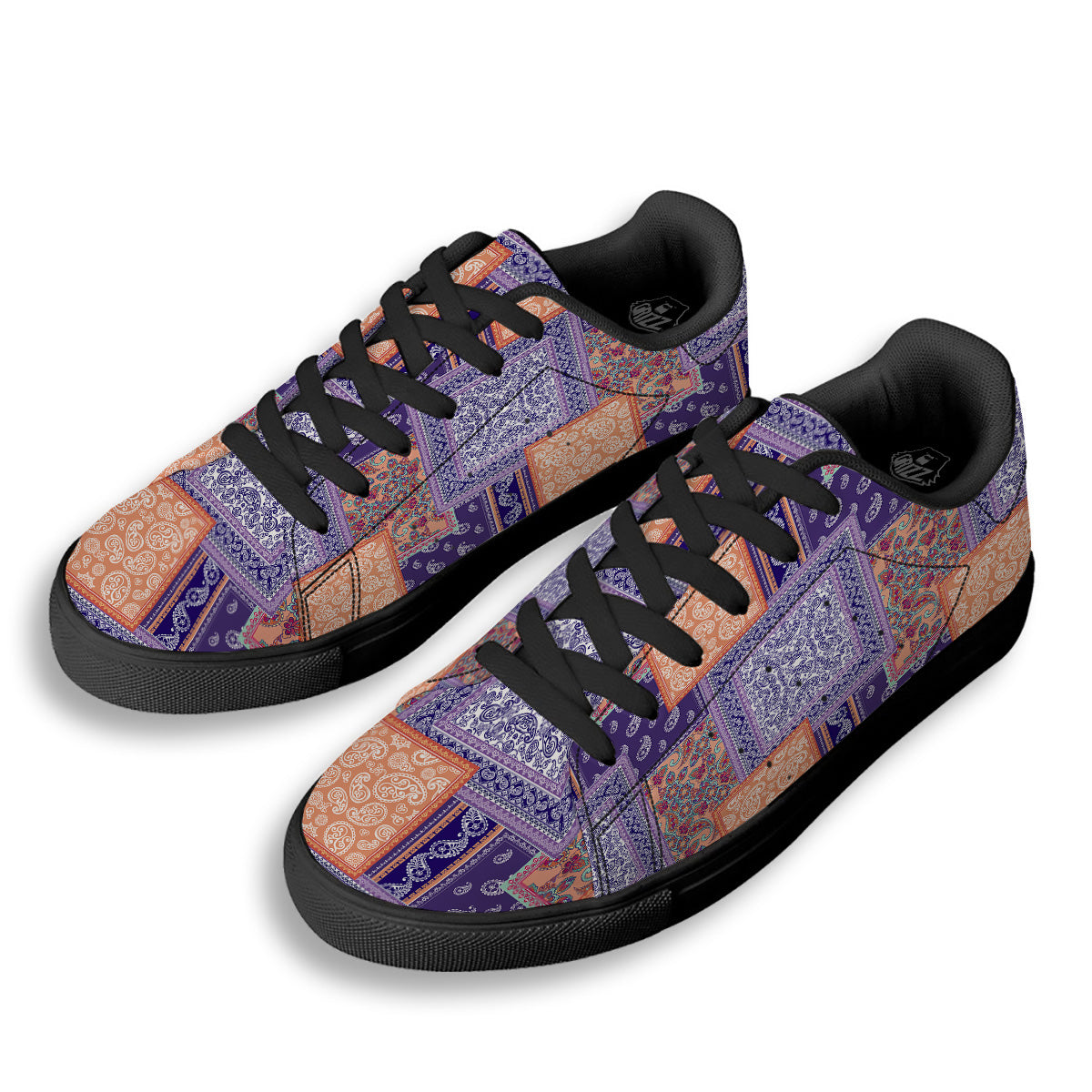 Patchwork Paisley Blue And Orange Print Pattern Black Low Top Sneakers-grizzshop