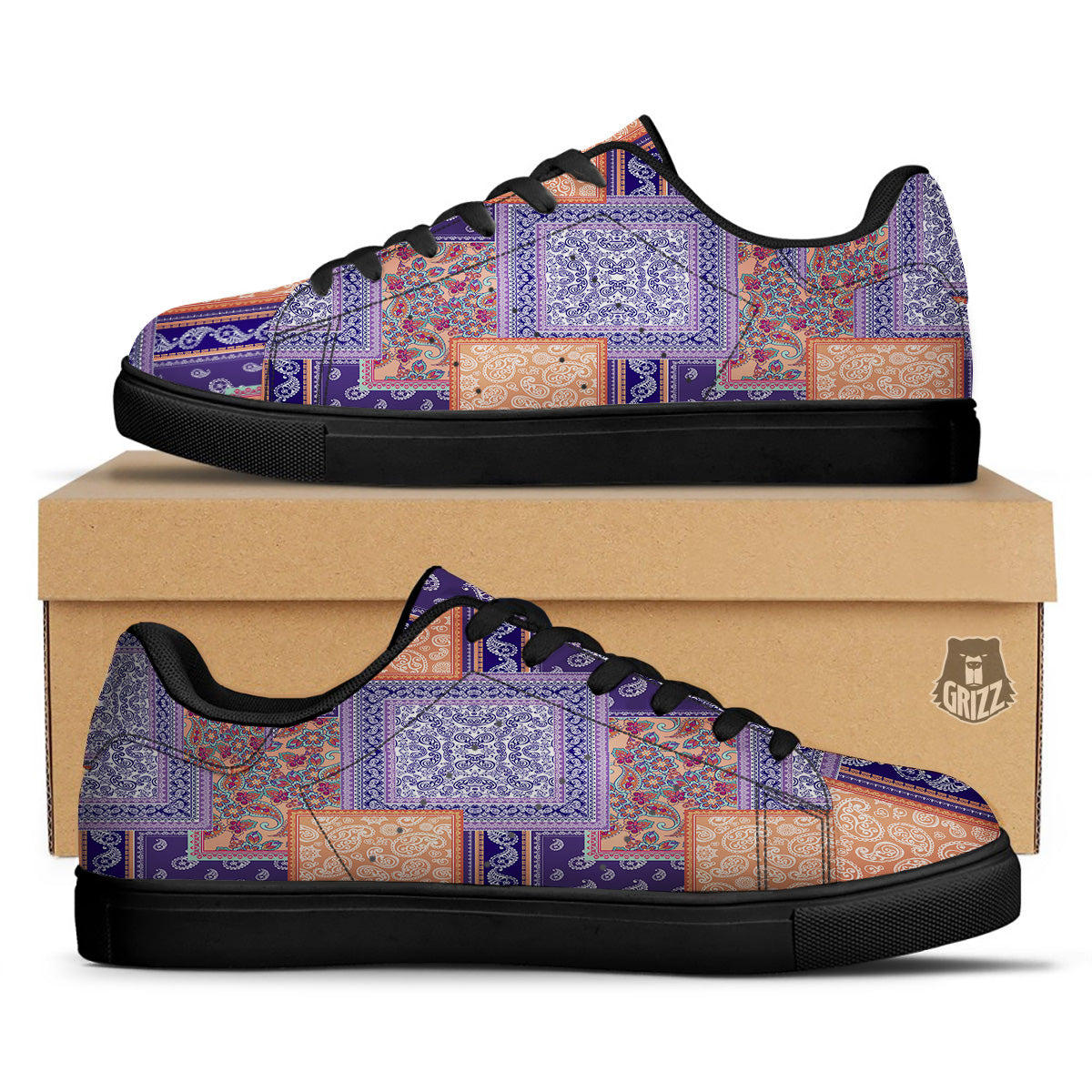 Patchwork Paisley Blue And Orange Print Pattern Black Low Top Sneakers-grizzshop