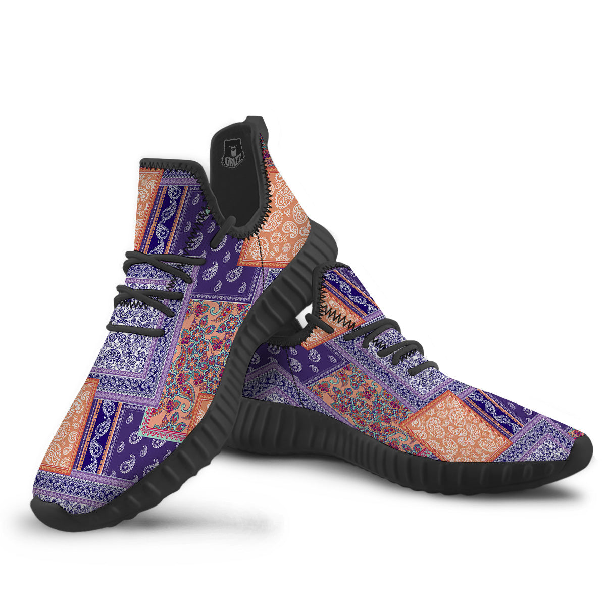 Patchwork Paisley Blue And Orange Print Pattern Black Walking Shoes-grizzshop