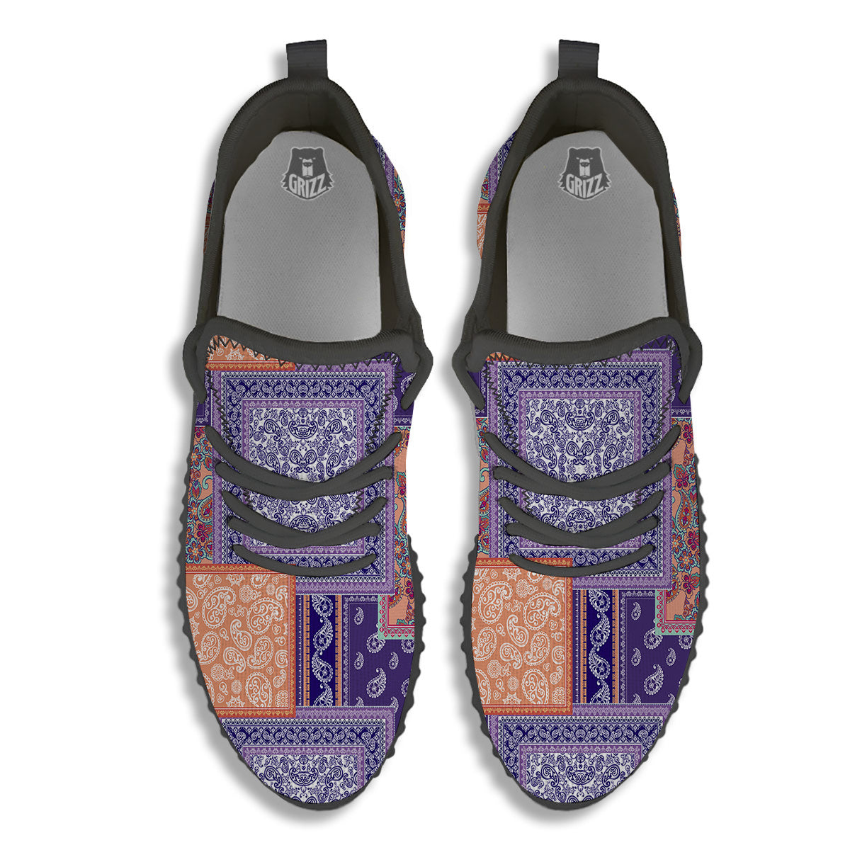 Patchwork Paisley Blue And Orange Print Pattern Black Walking Shoes-grizzshop