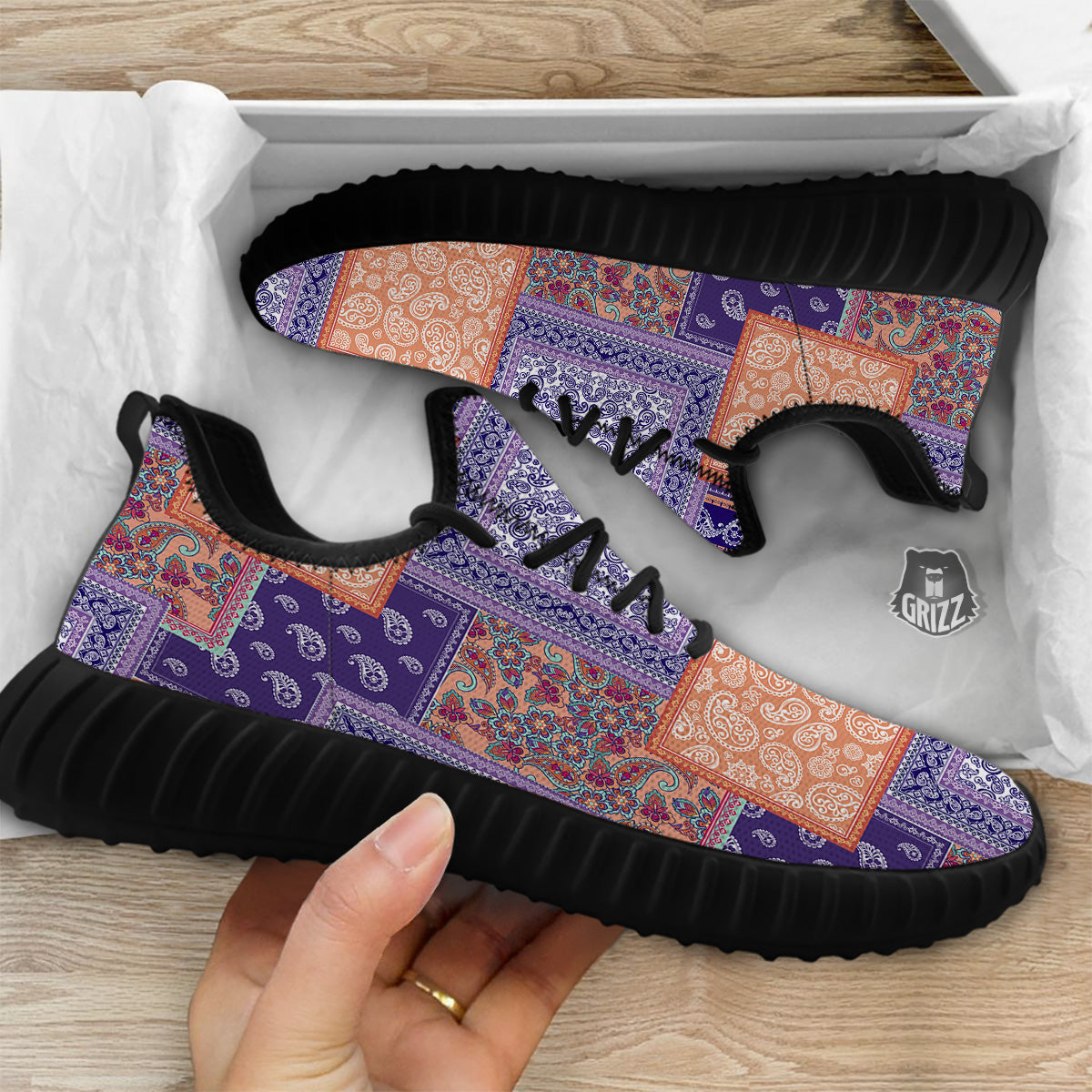 Patchwork Paisley Blue And Orange Print Pattern Black Walking Shoes-grizzshop