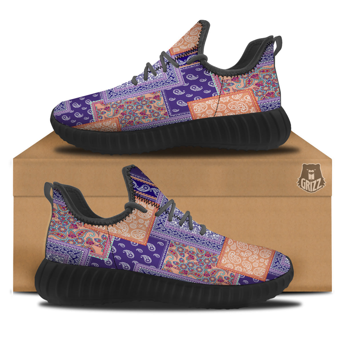 Patchwork Paisley Blue And Orange Print Pattern Black Walking Shoes-grizzshop