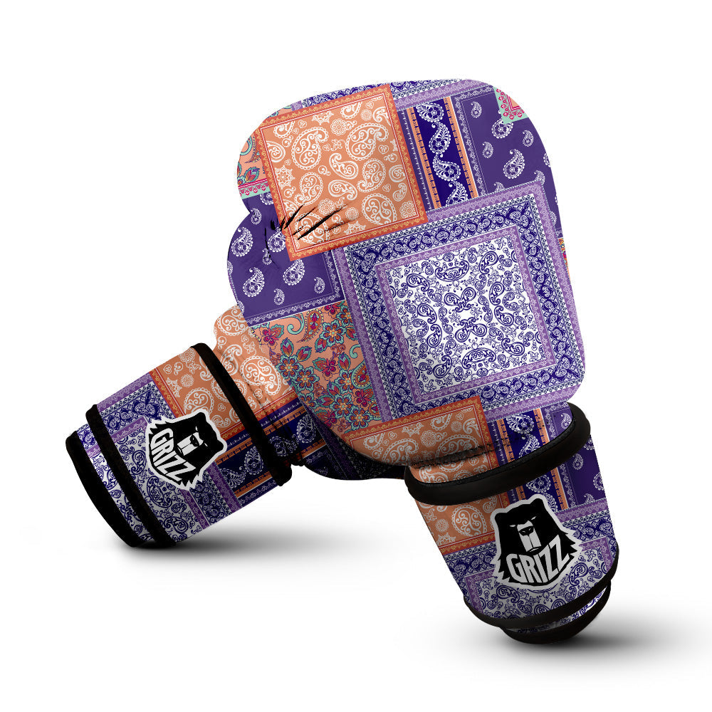 Patchwork Paisley Blue And Orange Print Pattern Boxing Gloves-grizzshop