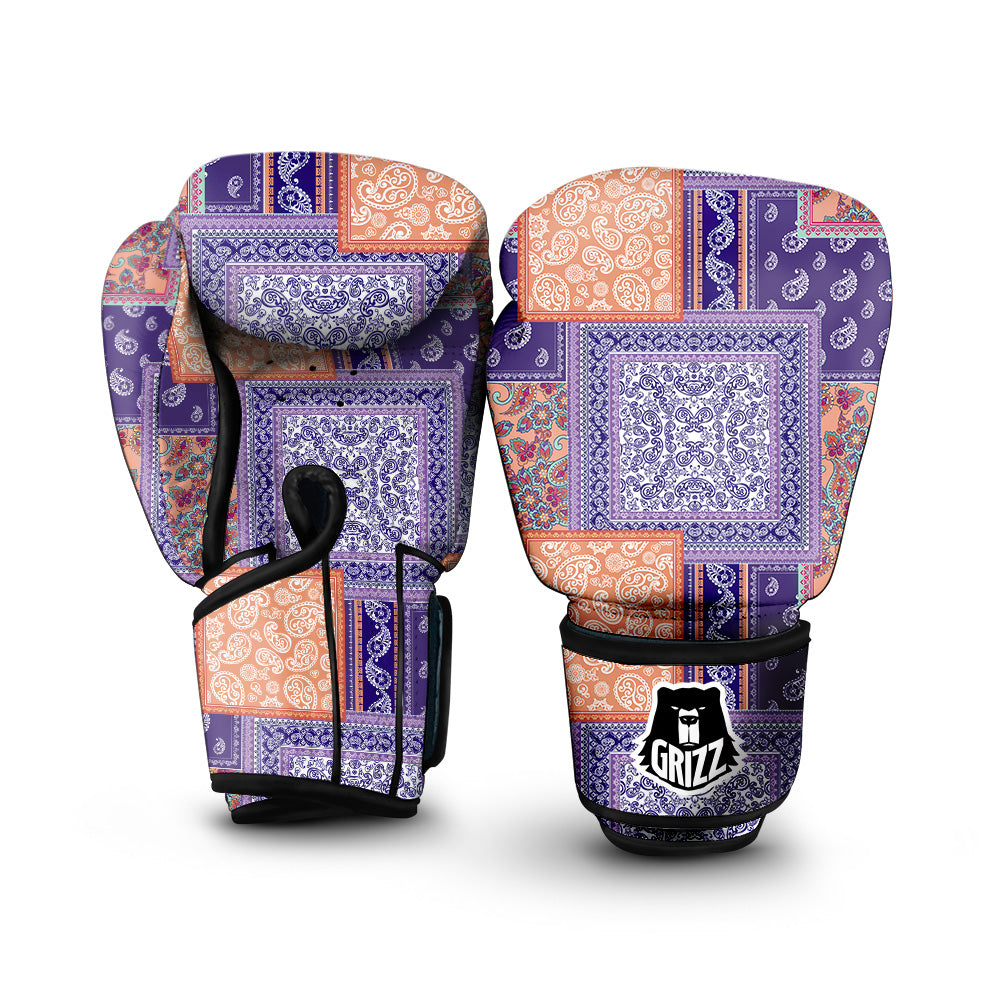 Patchwork Paisley Blue And Orange Print Pattern Boxing Gloves-grizzshop