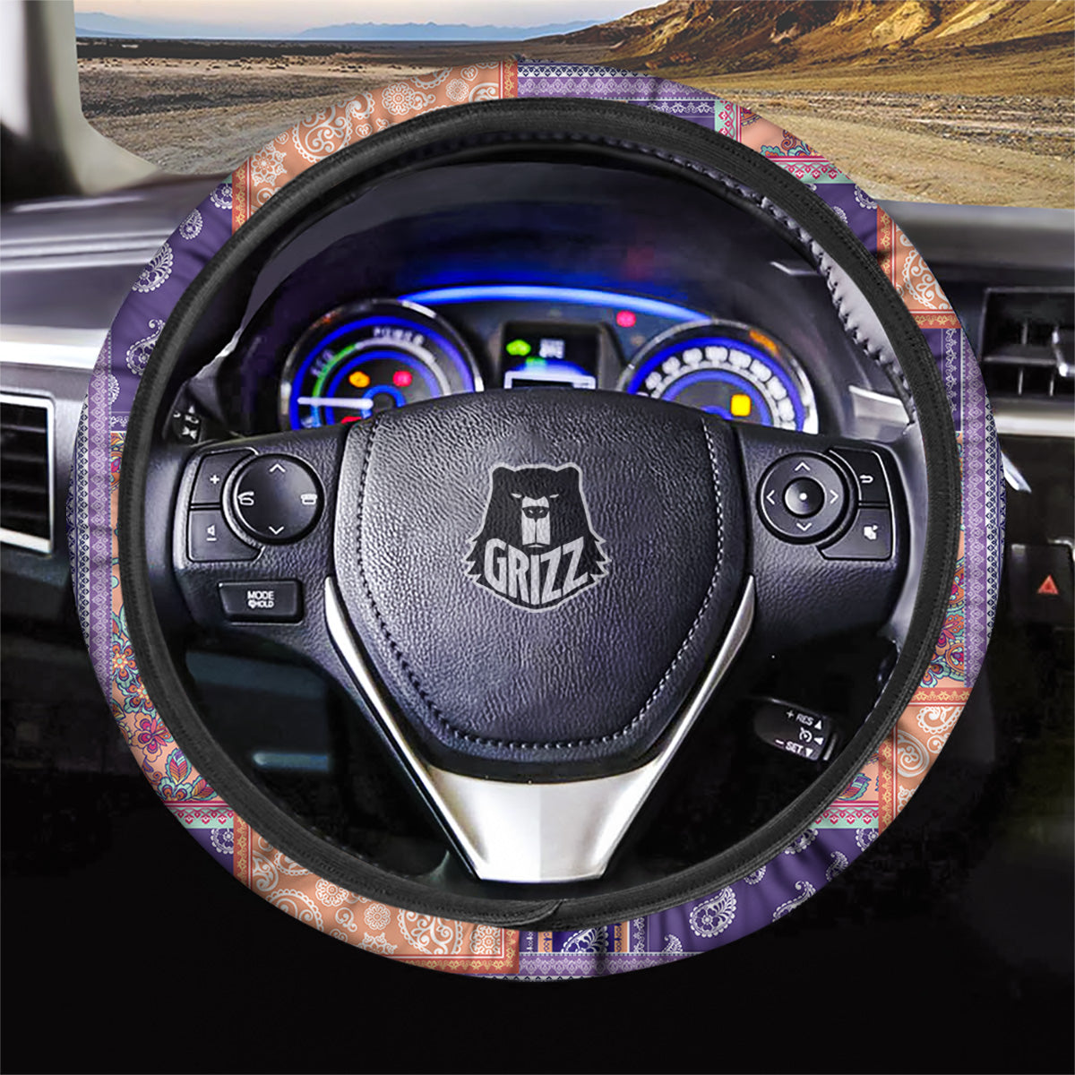 Patchwork Paisley Blue And Orange Print Pattern Car Steering Wheel Cover-grizzshop
