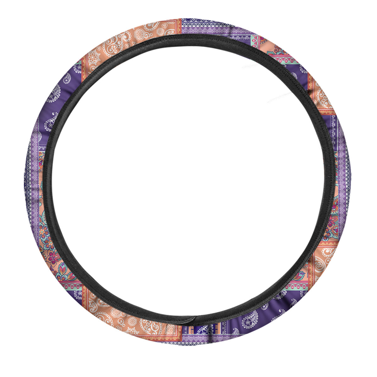 Patchwork Paisley Blue And Orange Print Pattern Car Steering Wheel Cover-grizzshop