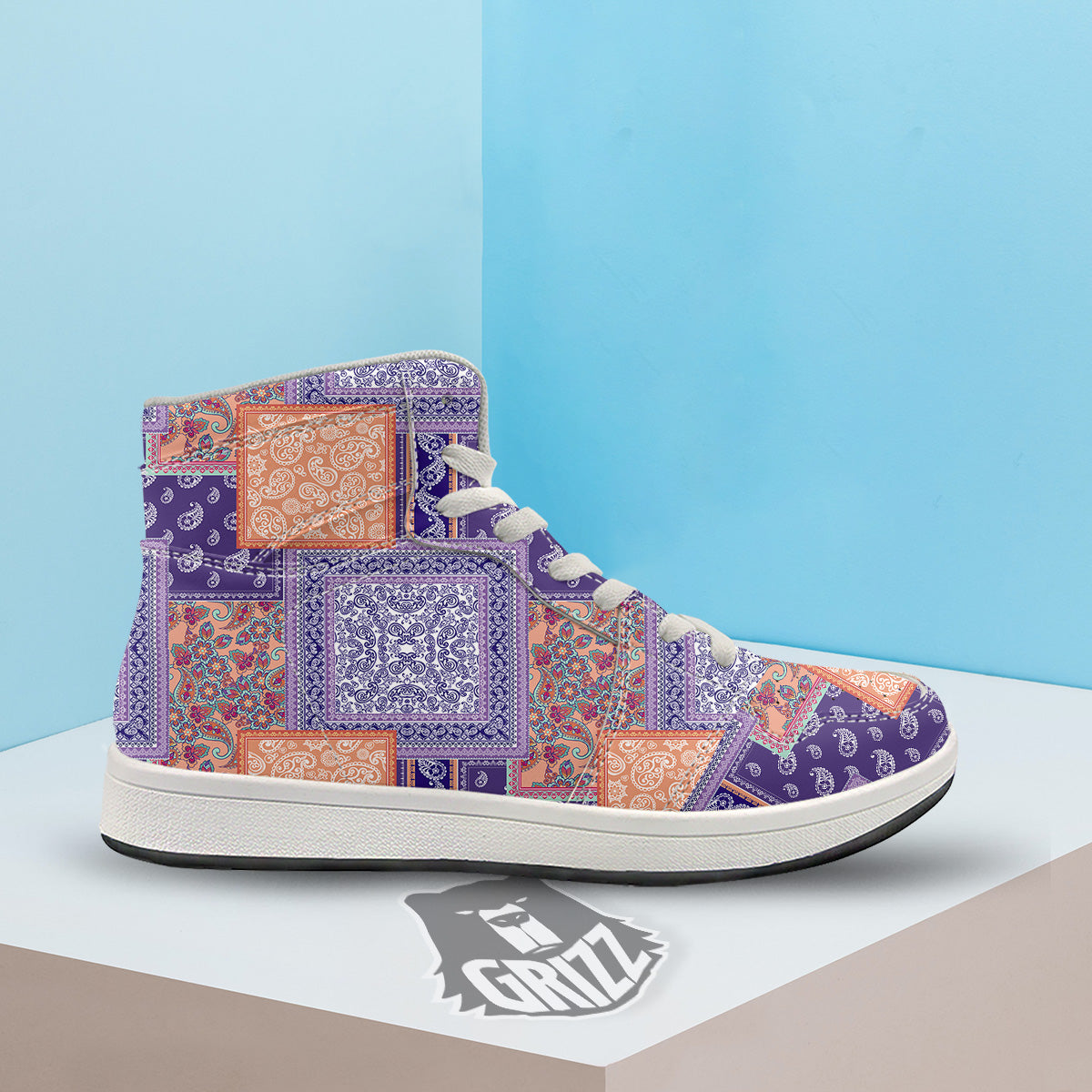 Patchwork Paisley Blue And Orange Print Pattern High Top Sneakers-grizzshop