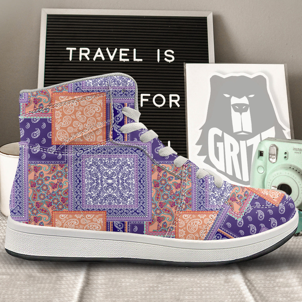 Patchwork Paisley Blue And Orange Print Pattern High Top Sneakers-grizzshop