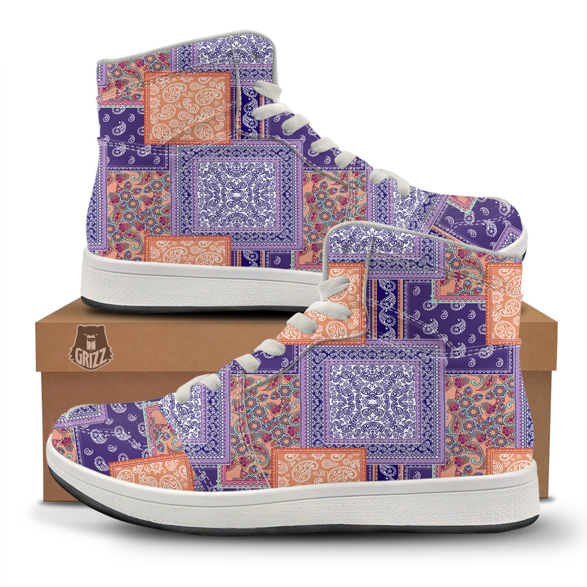 Patchwork Paisley Blue And Orange Print Pattern High Top Sneakers-grizzshop
