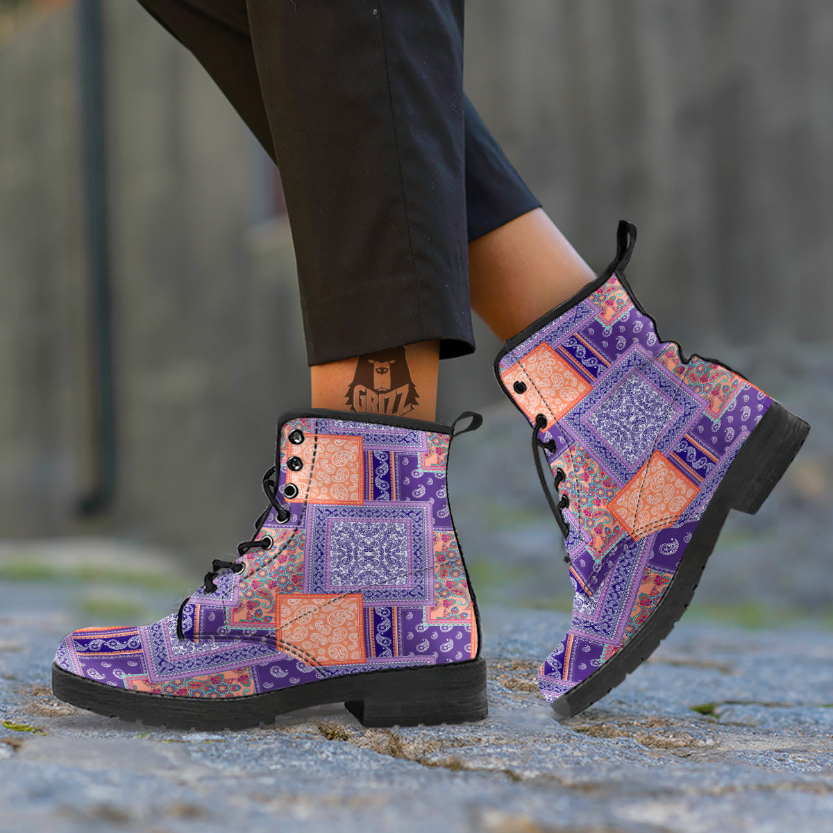 Patchwork Paisley Blue And Orange Print Pattern Leather Boots-grizzshop