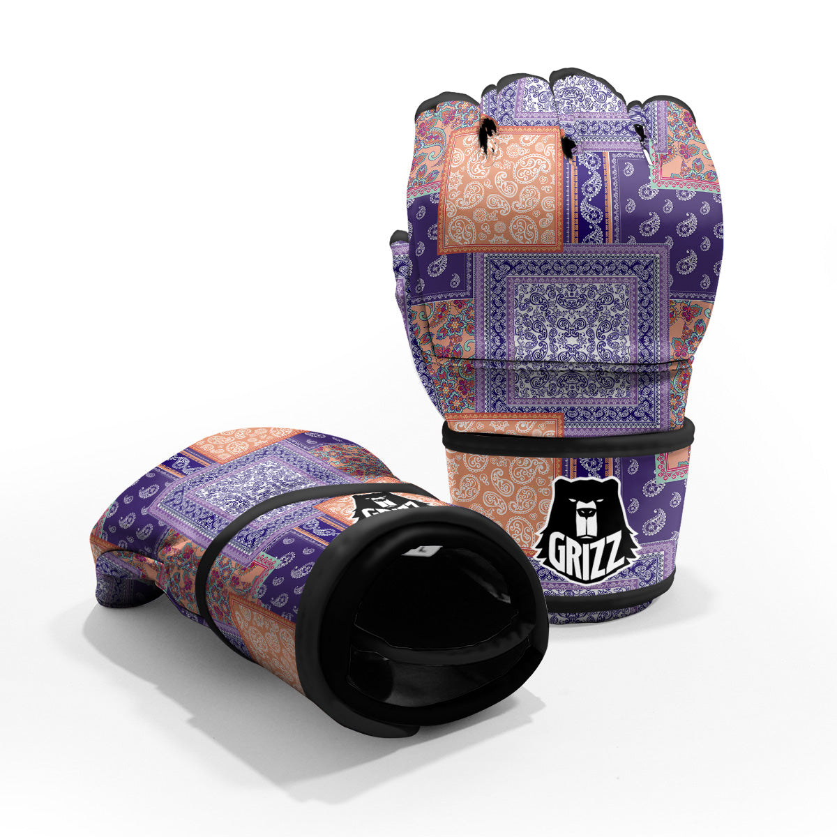Patchwork Paisley Blue And Orange Print Pattern MMA Gloves-grizzshop