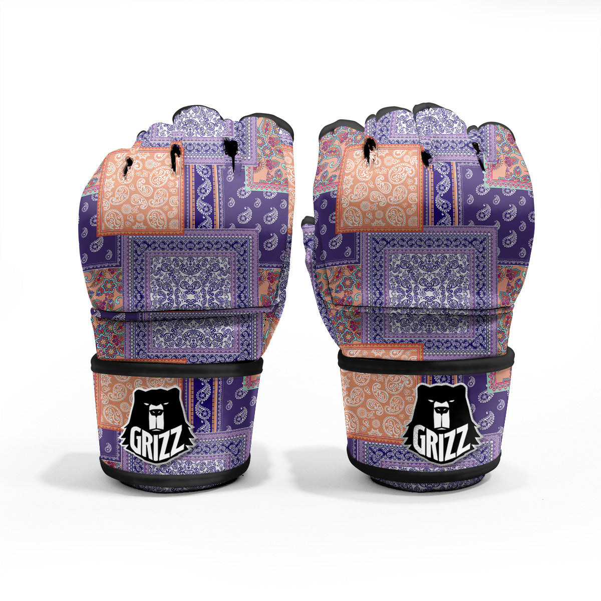 Patchwork Paisley Blue And Orange Print Pattern MMA Gloves-grizzshop