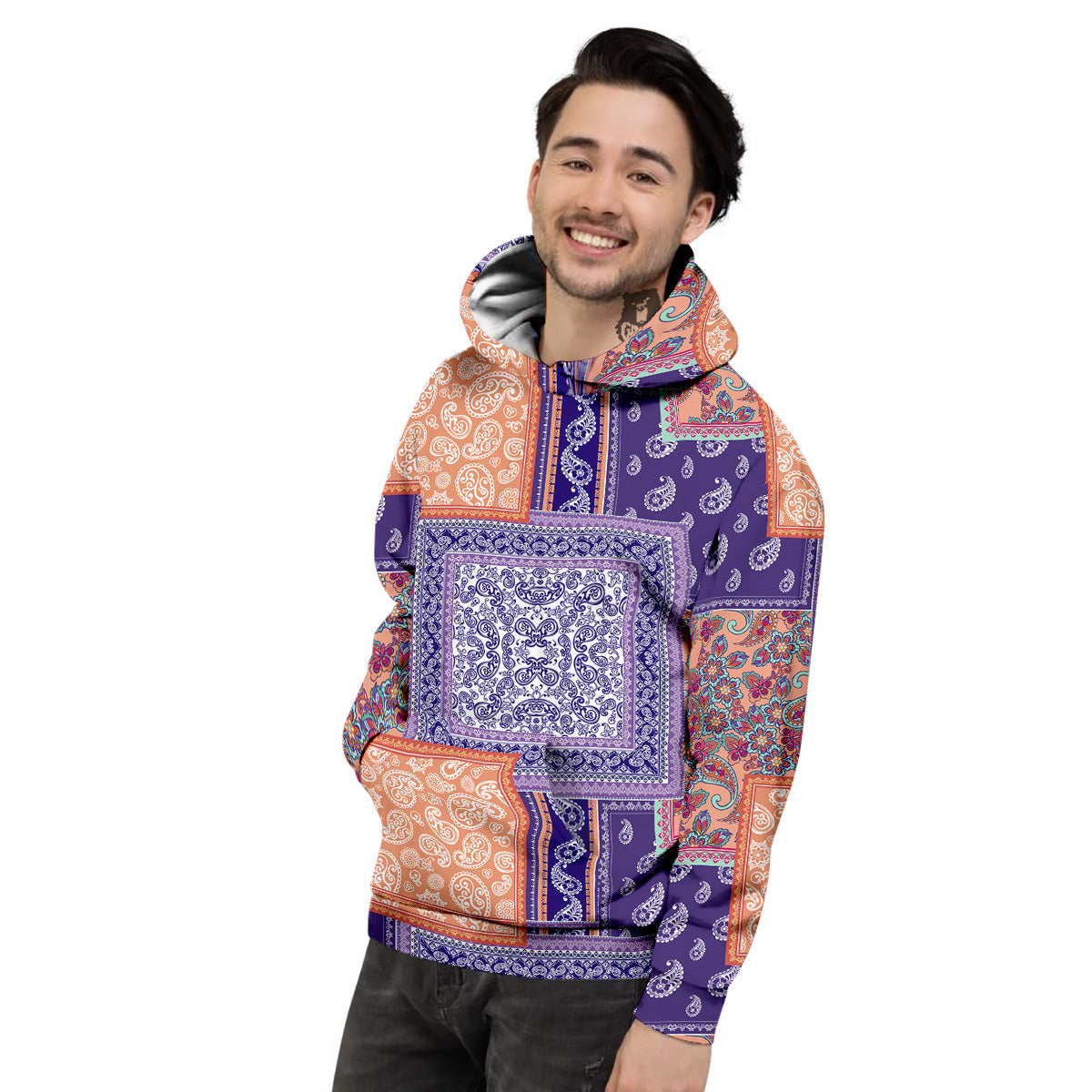 Patchwork Paisley Blue And Orange Print Pattern Men's Hoodie