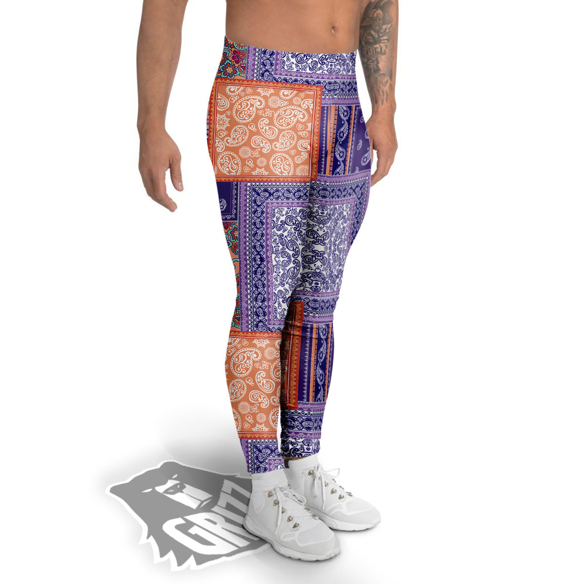 Patchwork Paisley Blue And Orange Print Pattern Men's Leggings-grizzshop