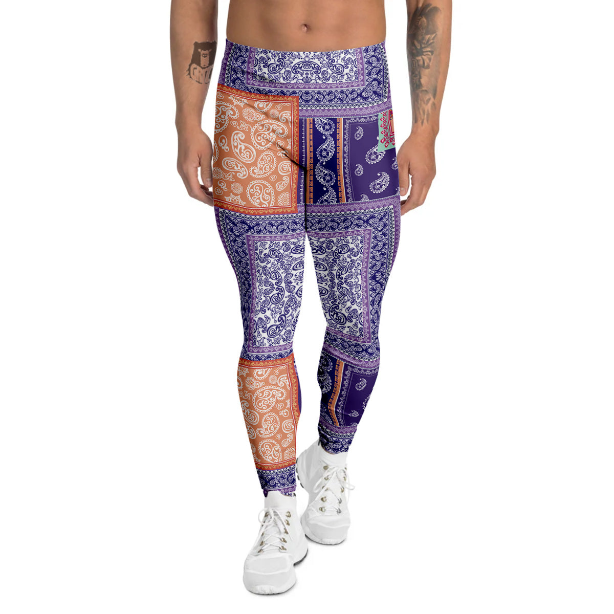 Patchwork Paisley Blue And Orange Print Pattern Men's Leggings-grizzshop