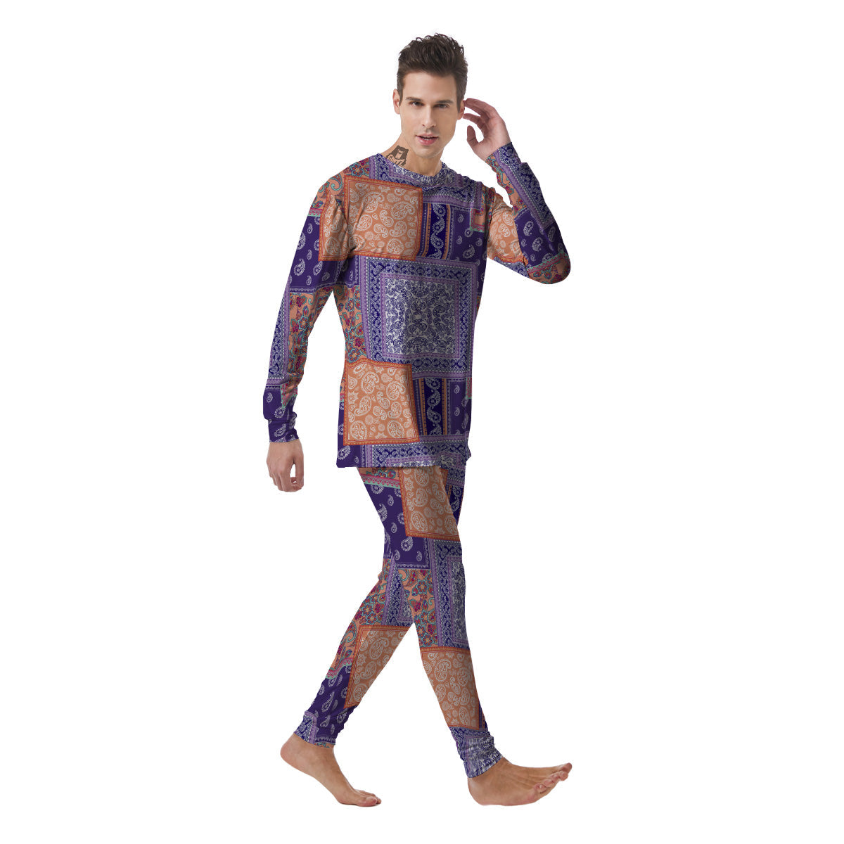 Patchwork Paisley Blue And Orange Print Pattern Men's Pajamas-grizzshop