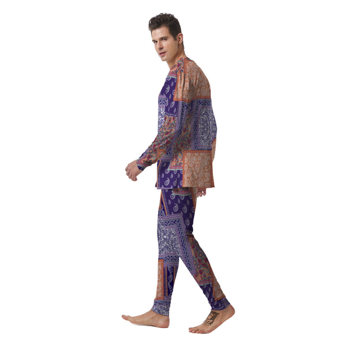 Patchwork Paisley Blue And Orange Print Pattern Men's Pajamas-grizzshop