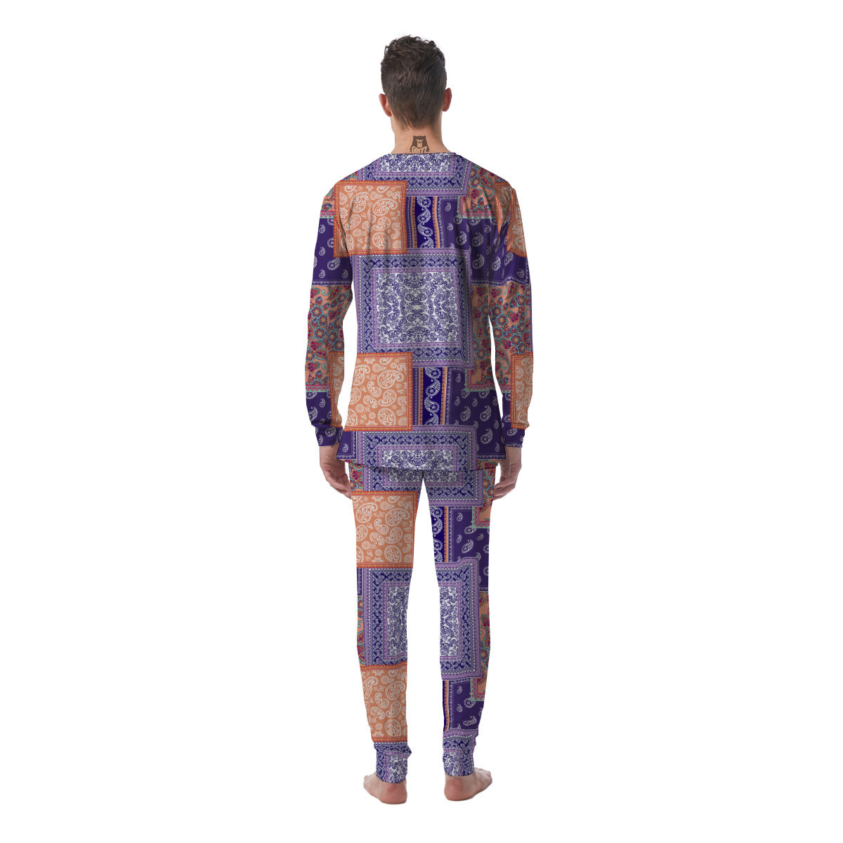 Patchwork Paisley Blue And Orange Print Pattern Men's Pajamas-grizzshop